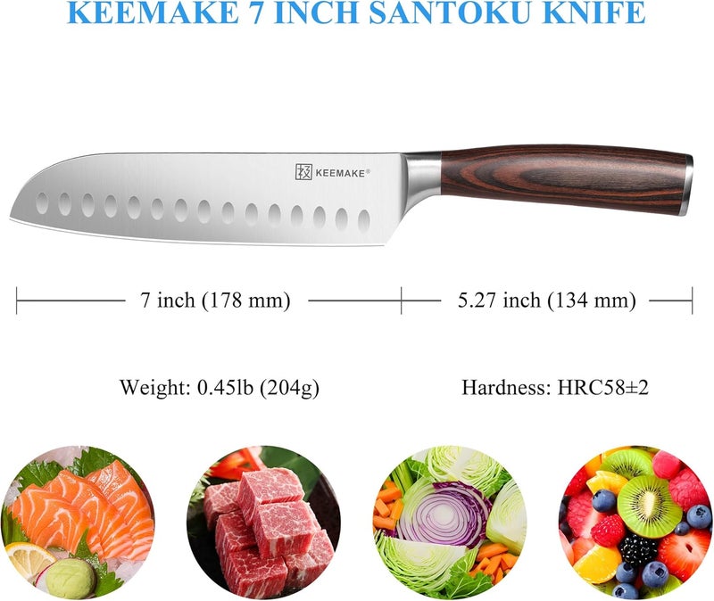 KEEMAKE Chef Santoku Knife - 7 Inch Ultra Sharp Kitchen Knife with Stainless Steel Blade for Cooking Meat Fruit Vegetable with Ergonomic Pakkawood Handle and Gift Box Included - Image 5